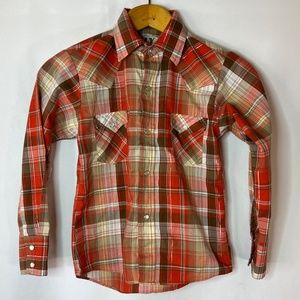 Ely Cattleman Small Red Metallic Plaid Pearl Snaps Western Cowboy Rockabilly
